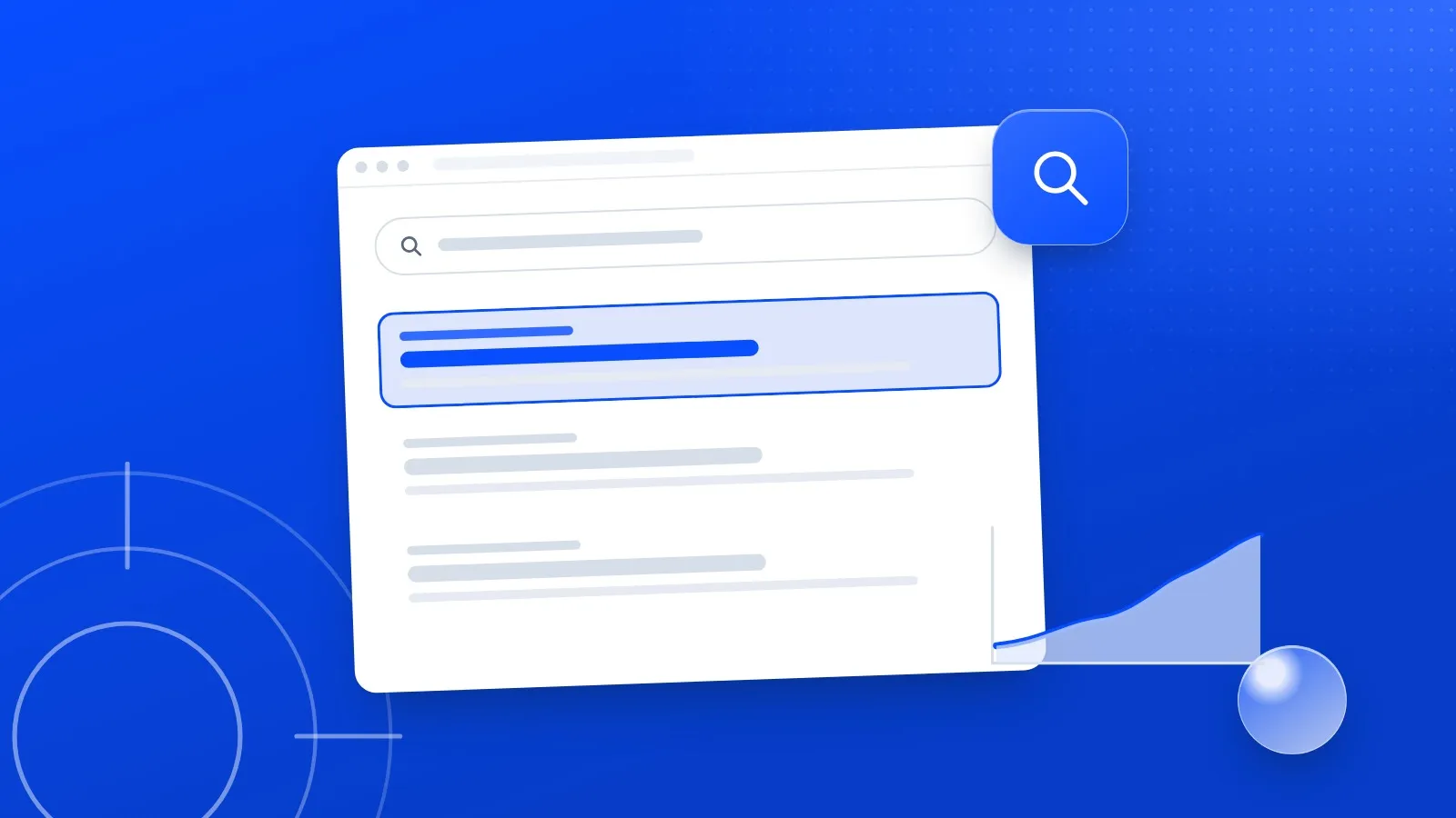 Illustration : un résultat de recherche Google mis en avant, une loupe et une courbe de visibilité qui monte