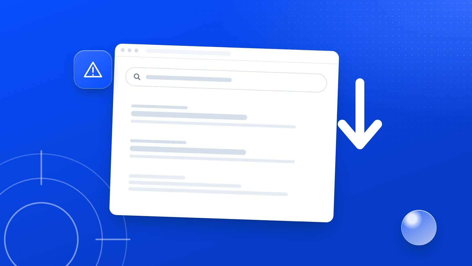Illustration : une page de résultats Google, une flèche vers le bas et un panneau d'alerte