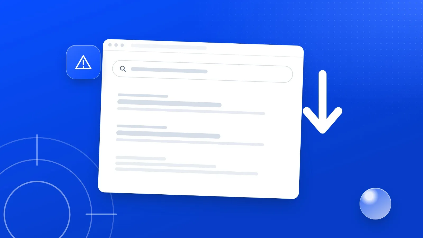 Illustration : une page de résultats Google, une flèche vers le bas et un panneau d'alerte