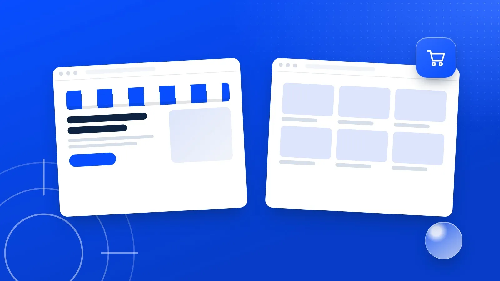 Illustration : un site vitrine à côté d'une boutique en ligne avec sa grille de produits et un panier